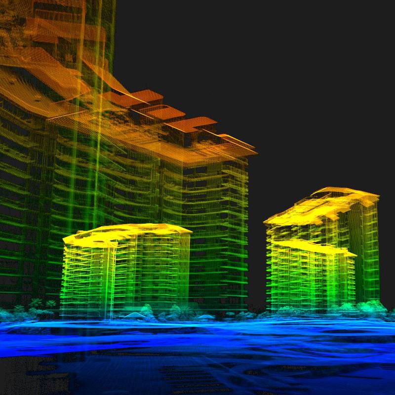 Occupied coastal condo complex captured as an X-ray elevation shaded LiDAR point cloud
