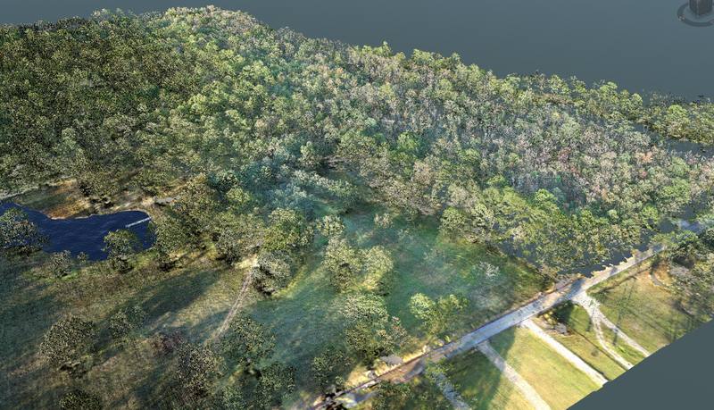 Colorized LiDAR point cloud of a road corridor and surrounding parcels